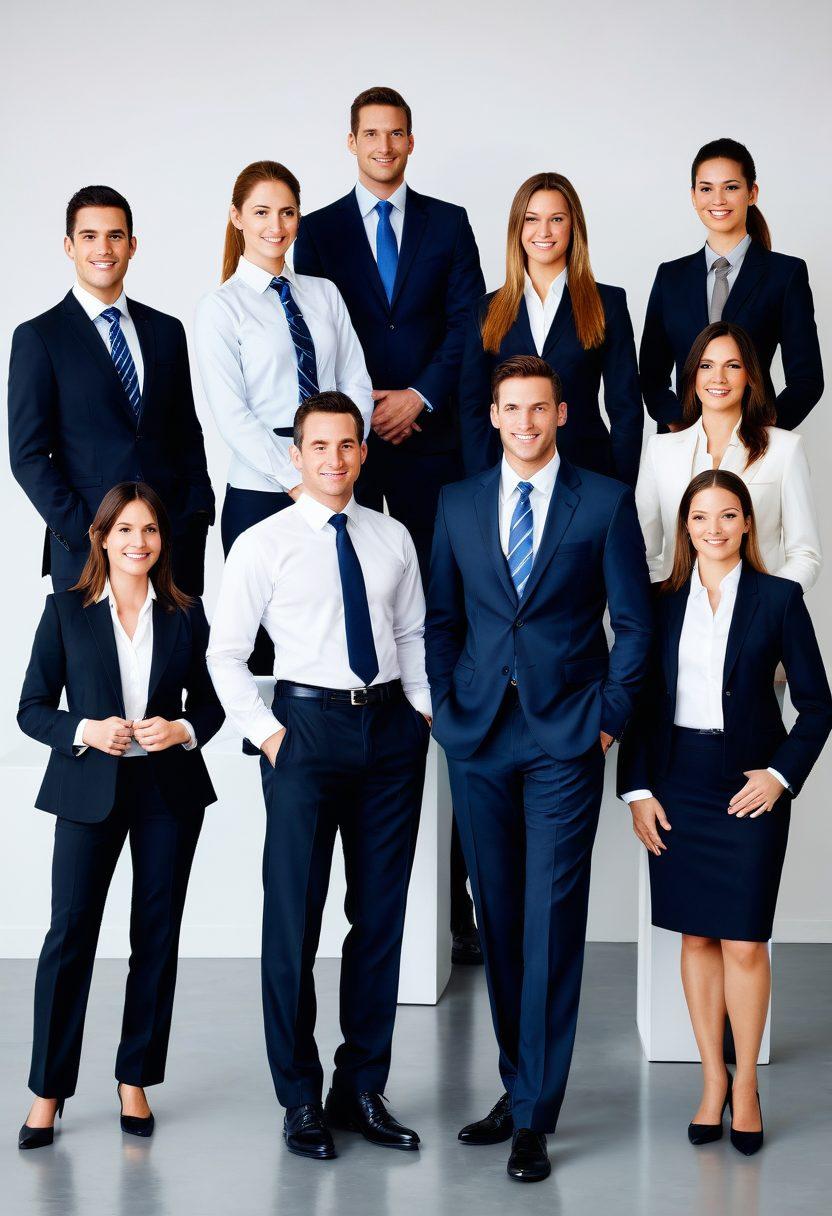 A dynamic business scene showing a diverse group of professionals wearing tailored uniforms that reflect their unique brand identities. The backdrop features a modern office environment with subtle branding elements. Focus on confident body language and a sense of teamwork. Include vibrant colors to emphasize professionalism and creativity. super-realistic. vibrant colors. white background.