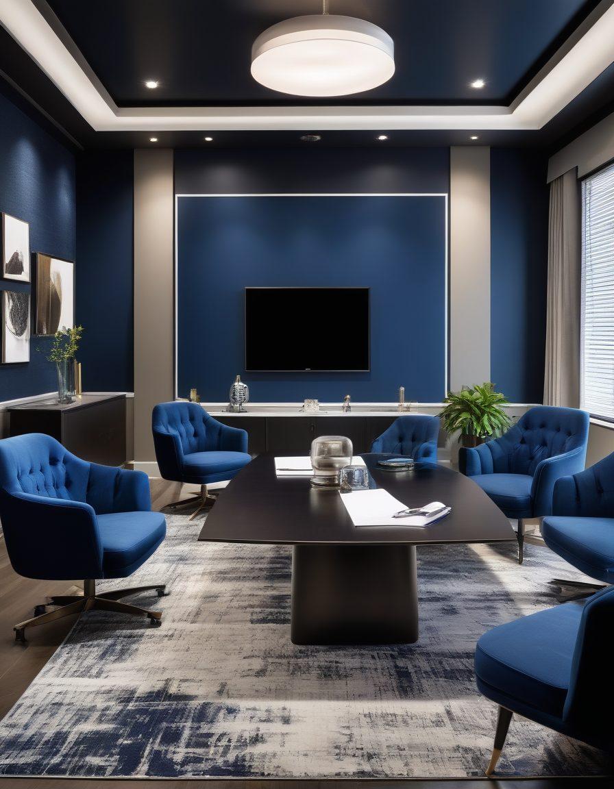 A stylish office setting showcasing a diverse group of professionals in elegant corporate attire, displaying a variety of outfits: tailored suits, smart blouses, and modern accessories. The environment should feature a sleek conference table and inspiring wall art, symbolizing professionalism and confidence. Soft lighting highlighting the textures of the fabrics, with an emphasis on colors that convey trust such as navy blue, black, and white. super-realistic. vibrant colors.