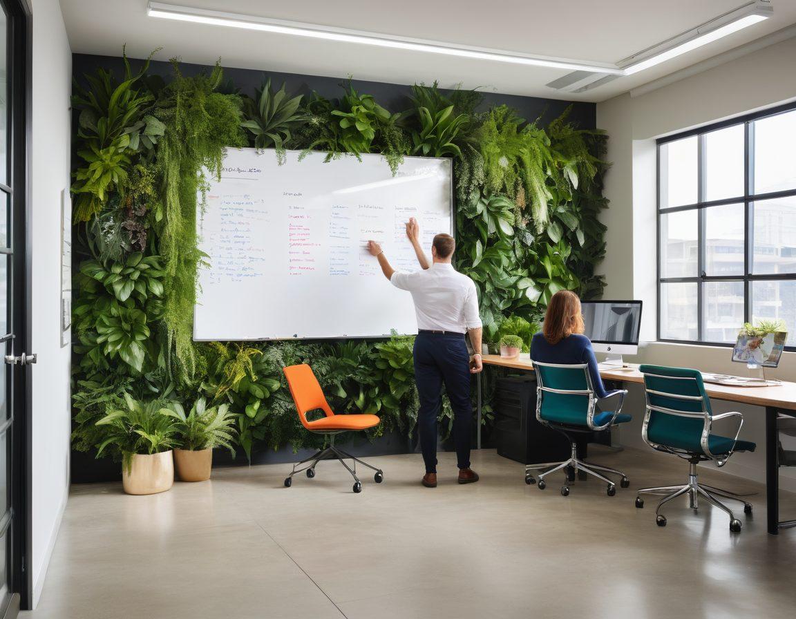 A dynamic workplace scene showcasing diverse employees wearing customized uniforms, actively collaborating in a modern office environment. Incorporate vibrant colors to highlight the unique designs of the uniforms, with the employees engaged in tasks that demonstrate productivity and teamwork. Include elements like a whiteboard with brainstorming ideas and plants for a lively atmosphere. super-realistic. vibrant colors. modern design.